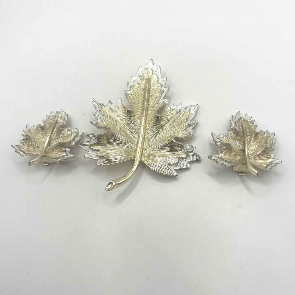 Sarah Coventry Leaf Brooch Earrings Clip On Gold Silver Tone Holiday Pin